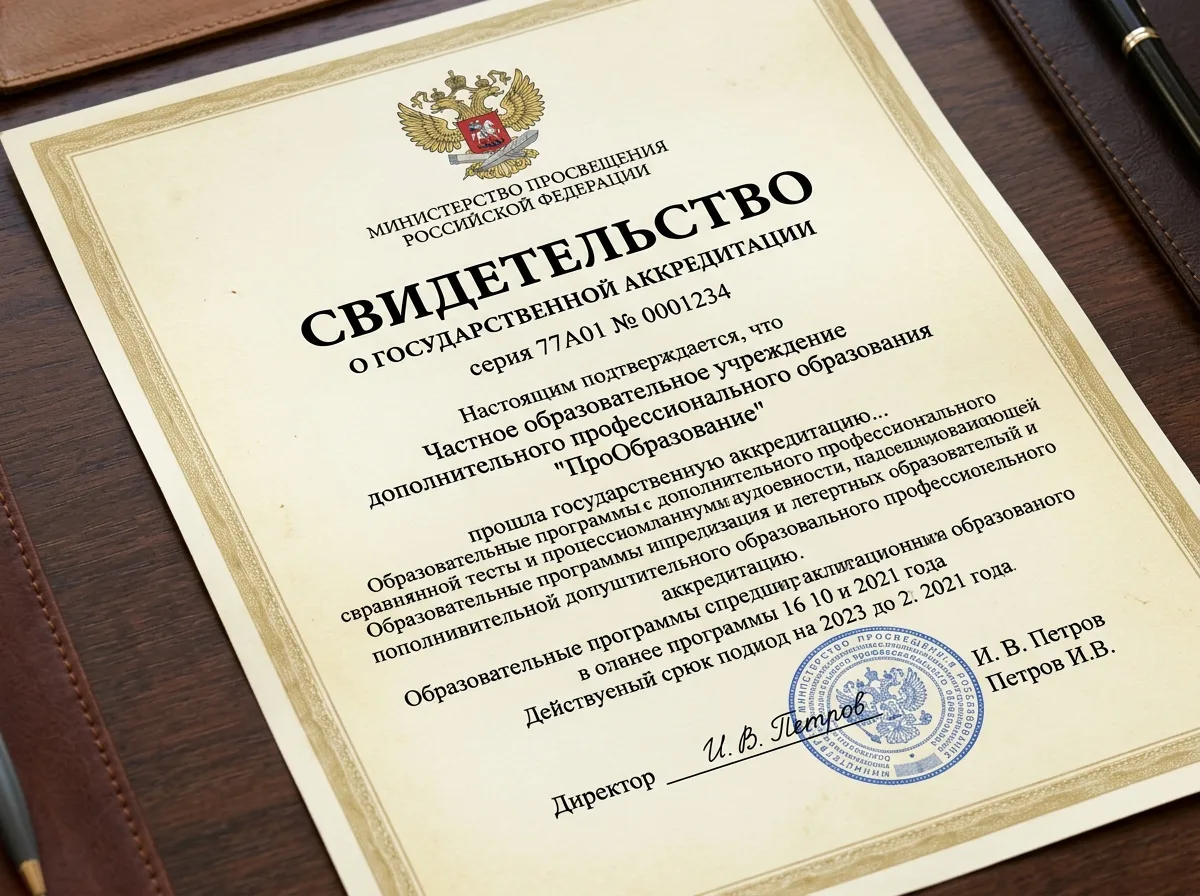 Свидетельство о государственной аккредитации онлайн-школы ПроОбразование — документ с гербом и подписью директора