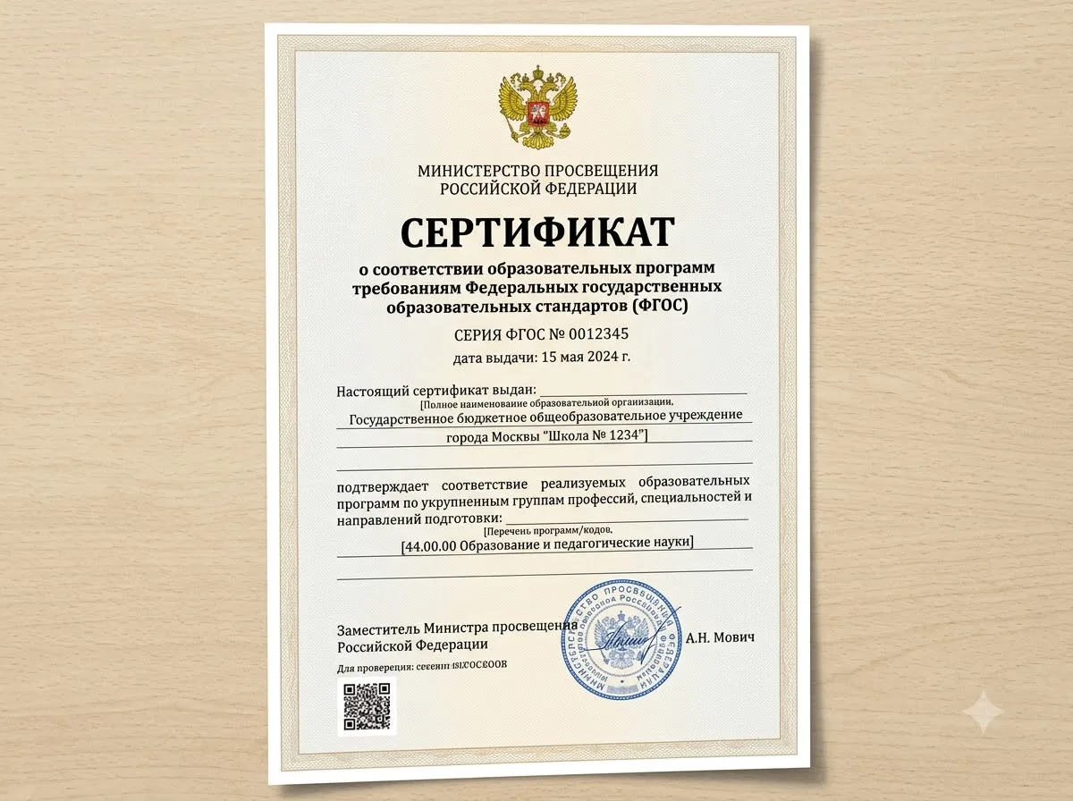 Сертификат соответствия образовательных программ требованиям ФГОС от Министерства просвещения России — официальный бланк